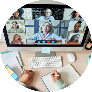 people on monitor in group meeting